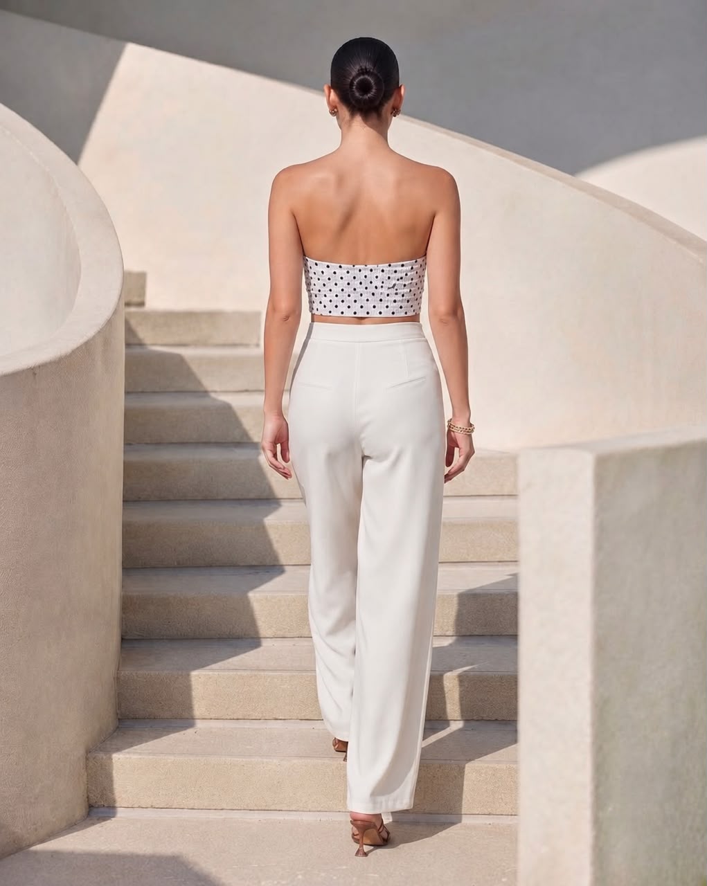 Polka Dot Crop Top & White Wide-Leg Pants Set
