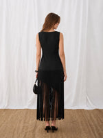 Feleni Sleeveless Asymmetric Fringe Midi Dress