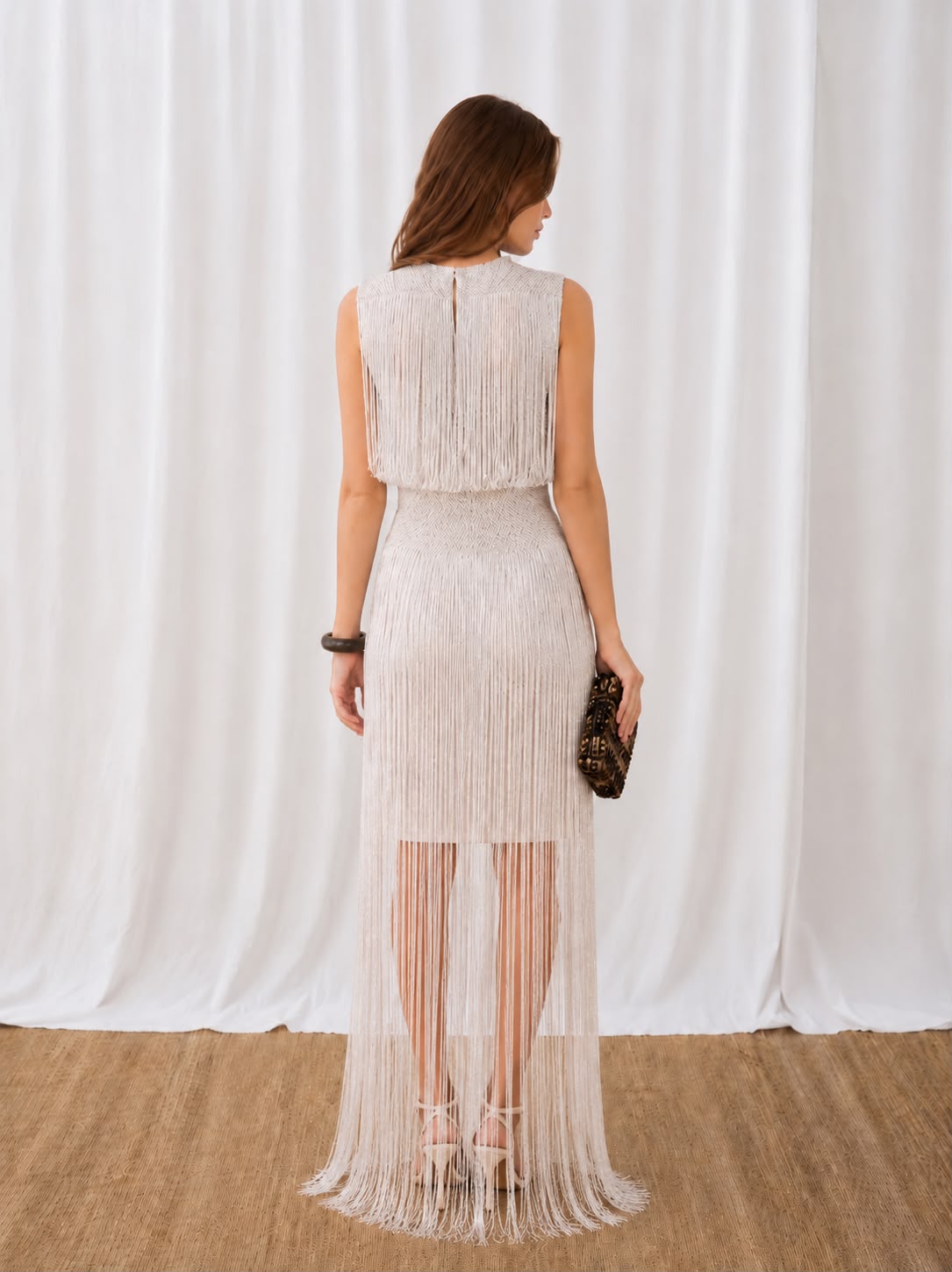 Feleni Silk & Crochet Fringe Maxi Dress