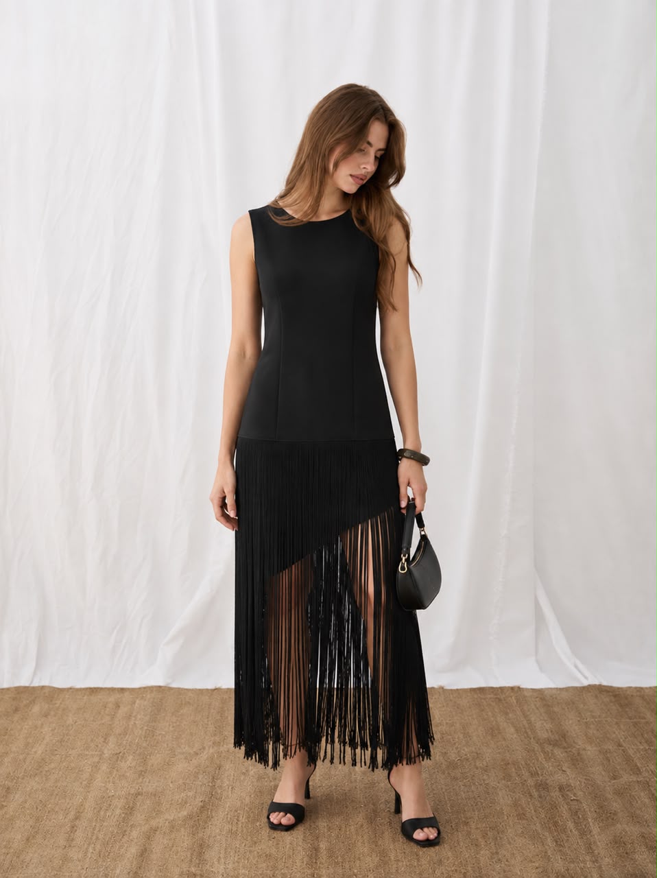 Feleni Sleeveless Asymmetric Fringe Midi Dress