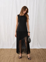 Feleni Sleeveless Asymmetric Fringe Midi Dress