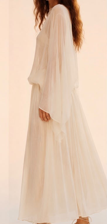 Ethereal Sheer Silk-Chiffon Kaftan & Pleated Maxi Skirt Set in Ivory