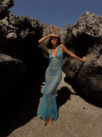 Aura Azure Open-Knit Crochet Cutout Maxi Dress