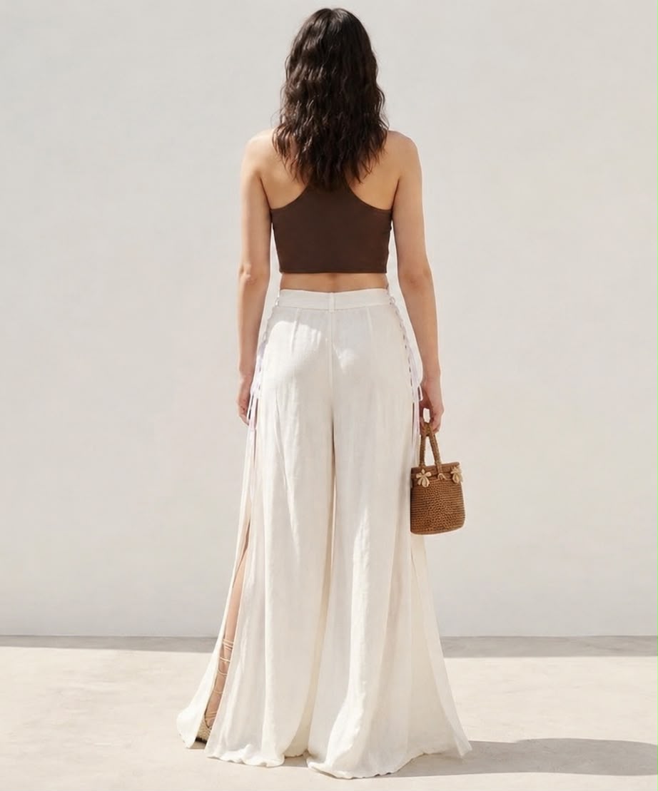 Embellished Bustier Top & Lace-Up High-Slit Linen Maxi Skirt Set