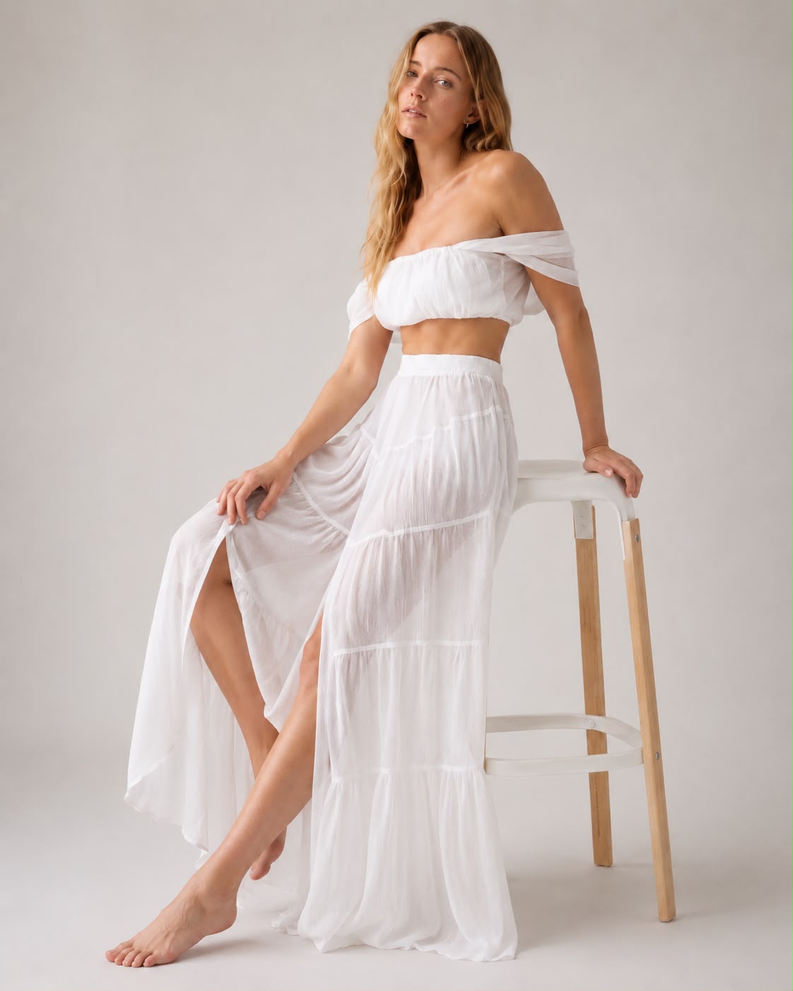 Feleni Off-Shoulder Chiffon Tiered Two-Piece Maxi Set