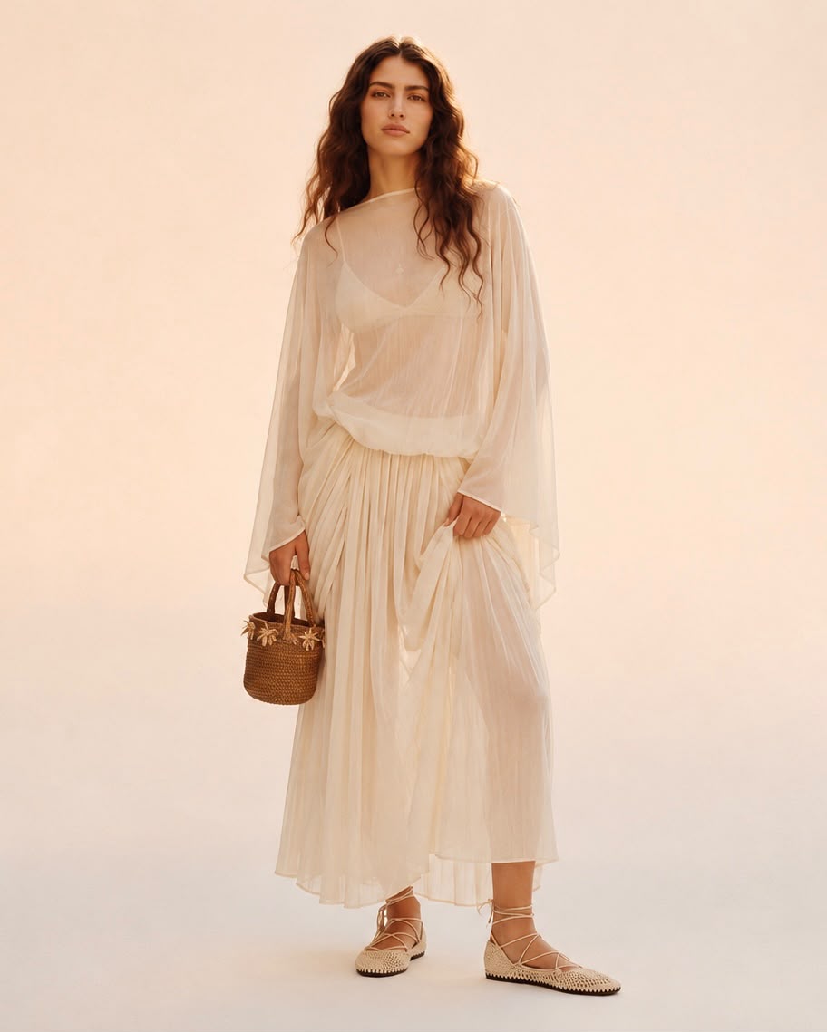 Ethereal Sheer Silk-Chiffon Kaftan & Pleated Maxi Skirt Set in Ivory