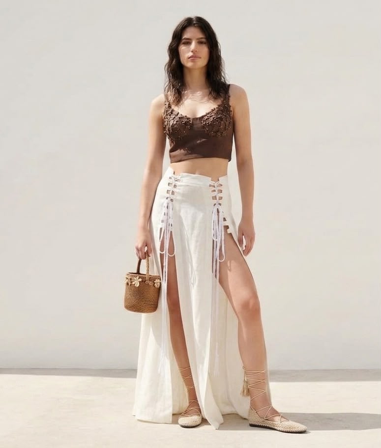 Embellished Bustier Top & Lace-Up High-Slit Linen Maxi Skirt Set