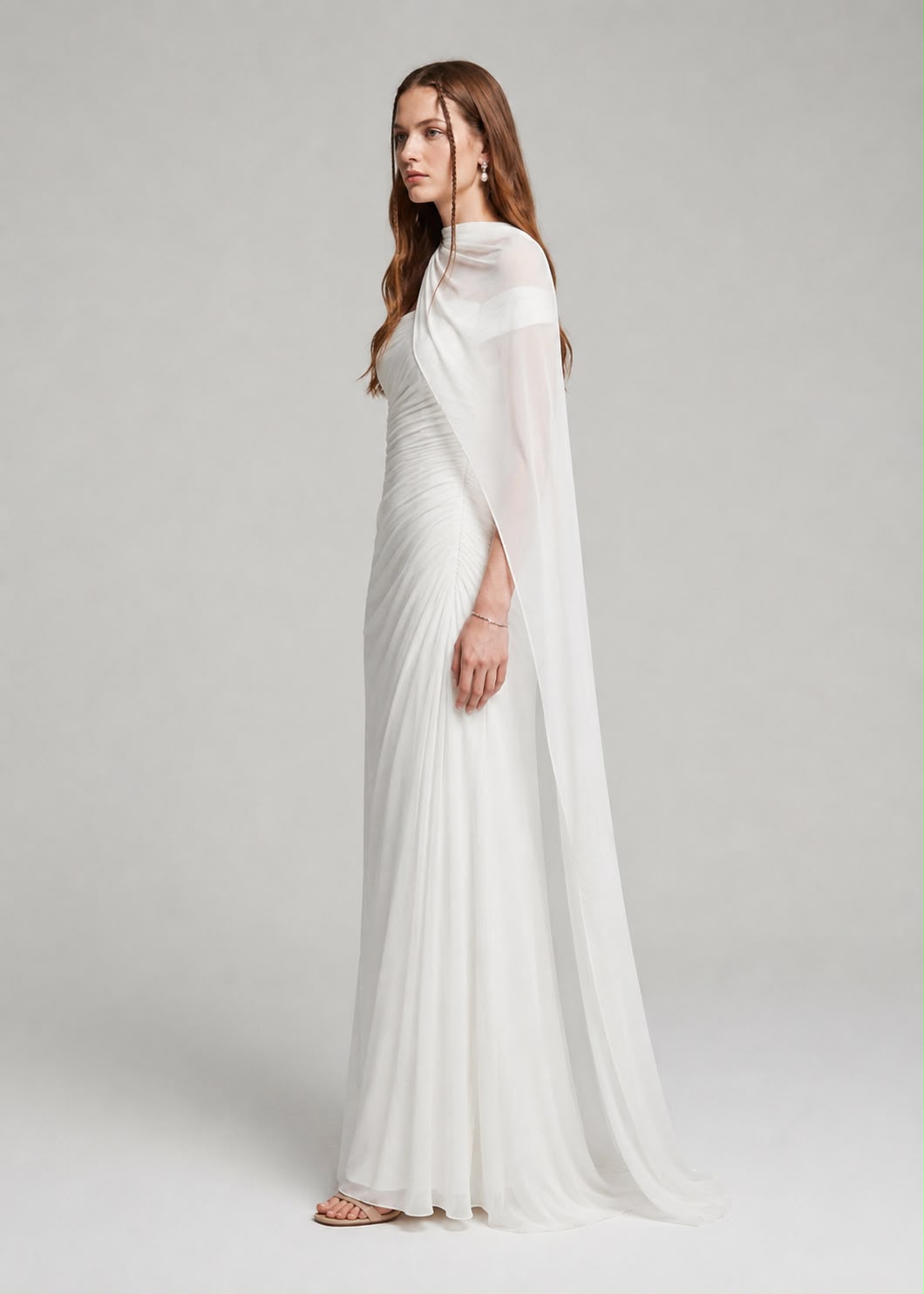 Aurelia Ruched Silk-Chiffon Gown with Asymmetric Cape Overlay