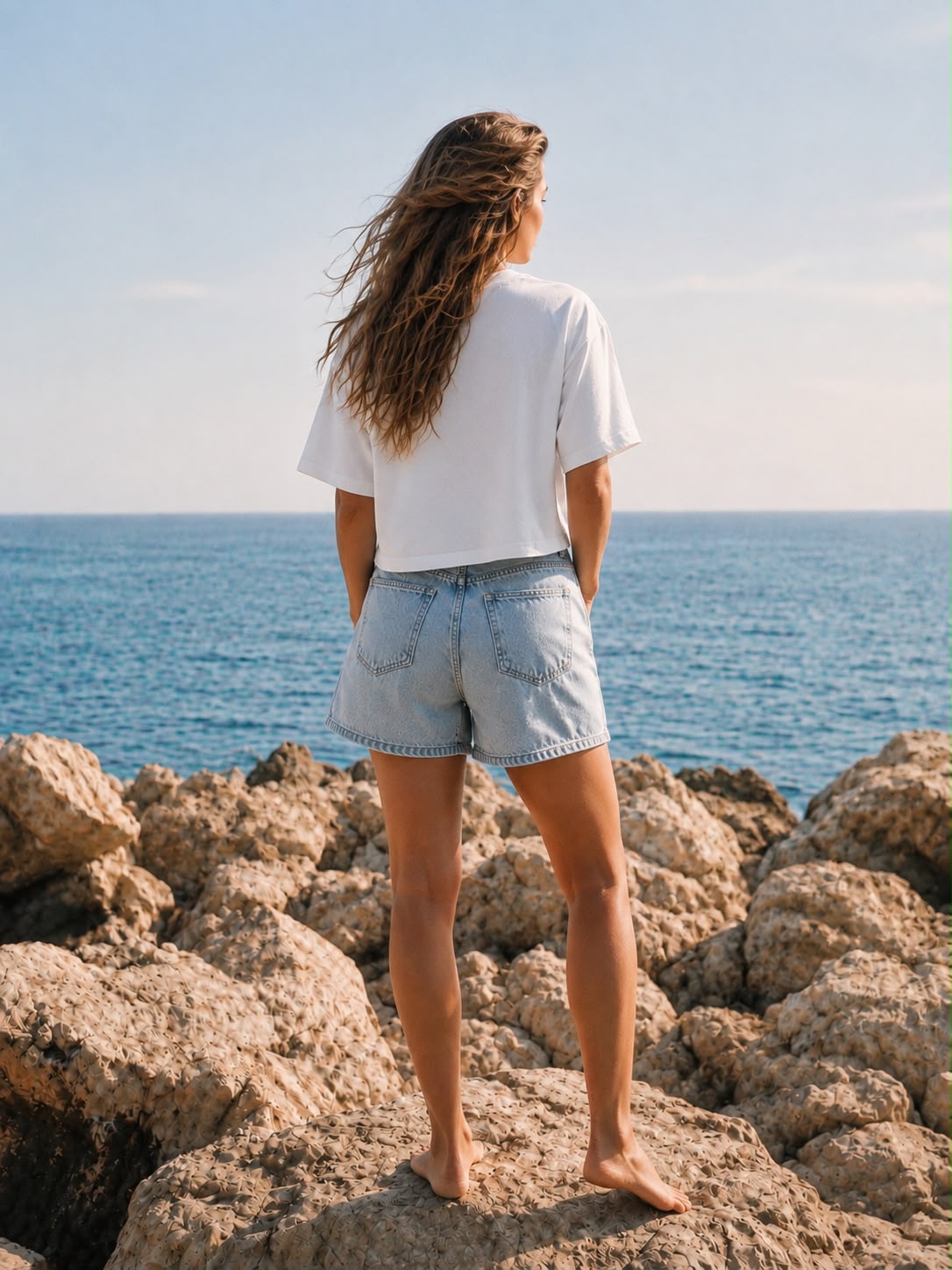 Organic Cotton Boxy Cropped Tee & High-Waisted Light Wash Denim Shorts