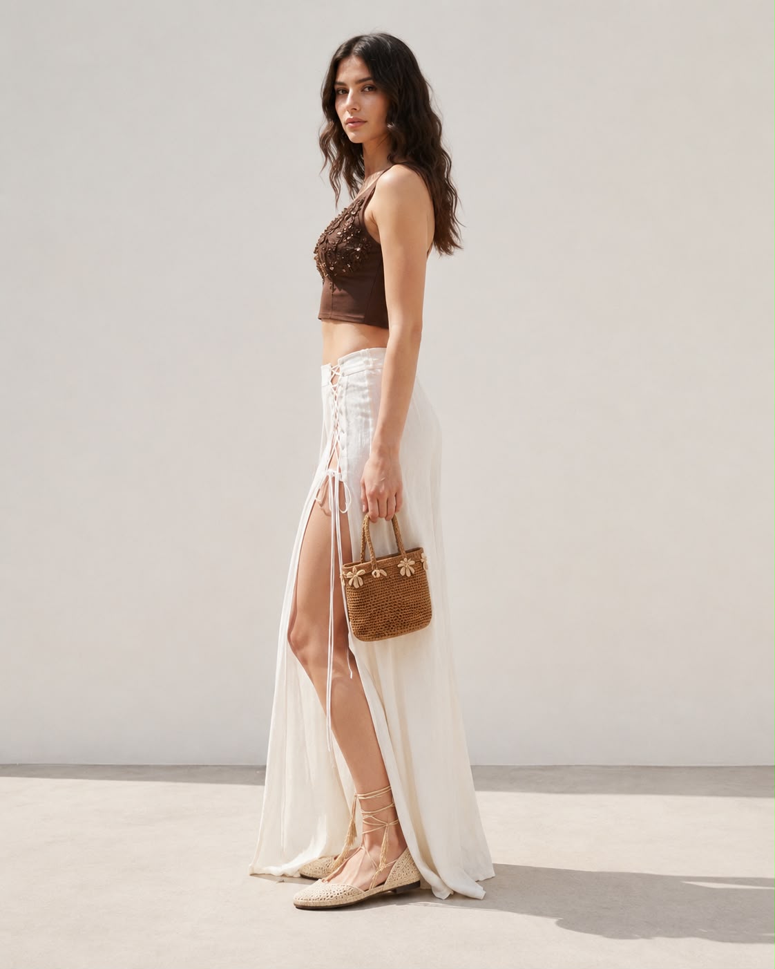 Embellished Bustier Top & Lace-Up High-Slit Linen Maxi Skirt Set