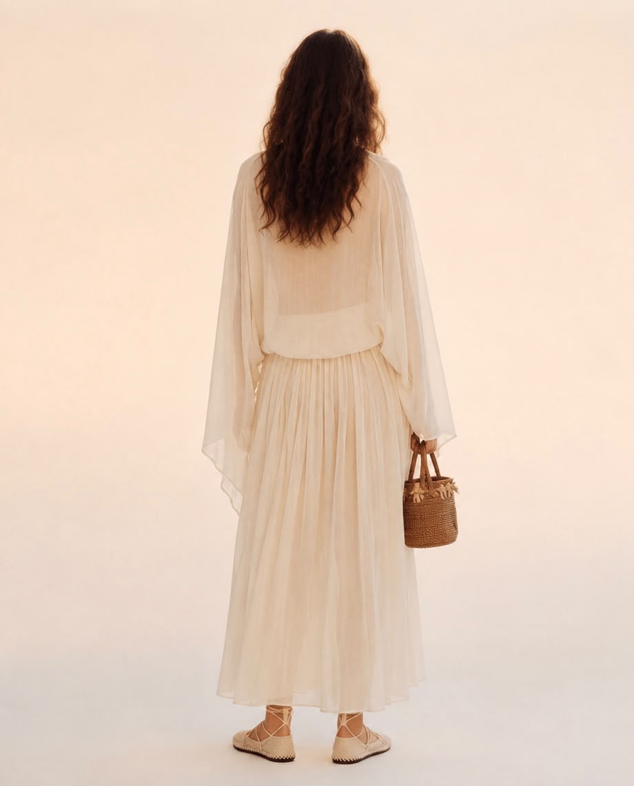 Ethereal Sheer Silk-Chiffon Kaftan & Pleated Maxi Skirt Set in Ivory